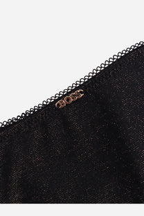BOSS women’s black lurex thong with shimmering fabric scalloped lace trim and rose gold boss logo emblem