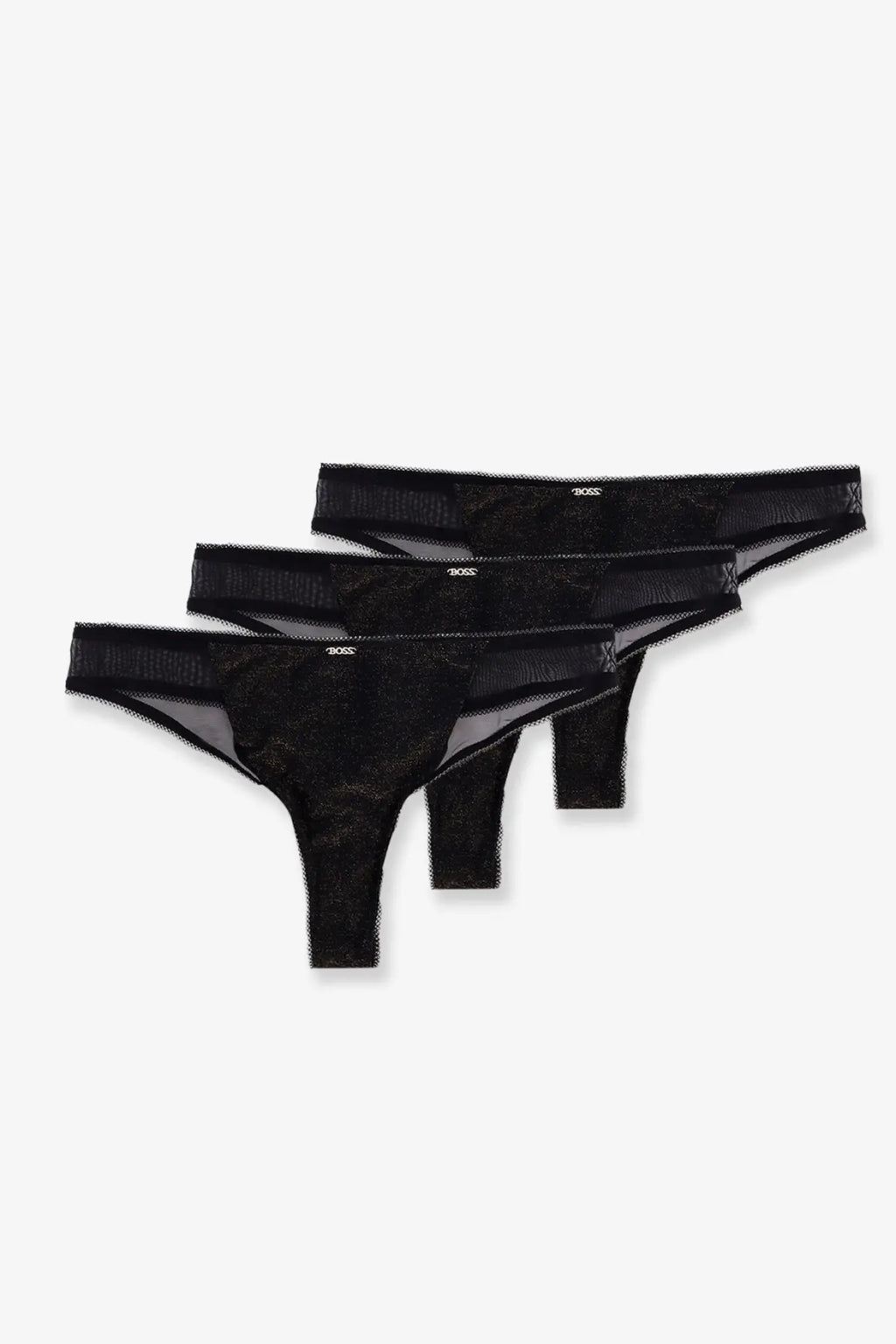 Black lace thong set with sheer mesh overlay and subtle pattern in black from BOSS women’s lurex thong tripack