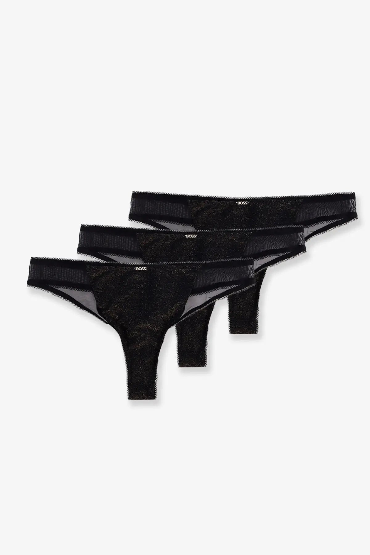 Black lace thong set with sheer mesh overlay and subtle pattern in black from BOSS women’s lurex thong tripack