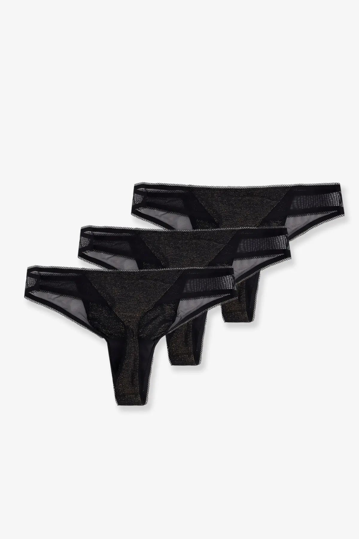 Boss women’s lurex thong tripack black showing black sheer mesh thong set with subtle glittery finish and solid trim