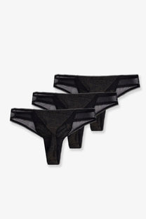 Boss women’s lurex thong tripack black showing black sheer mesh thong set with subtle glittery finish and solid trim