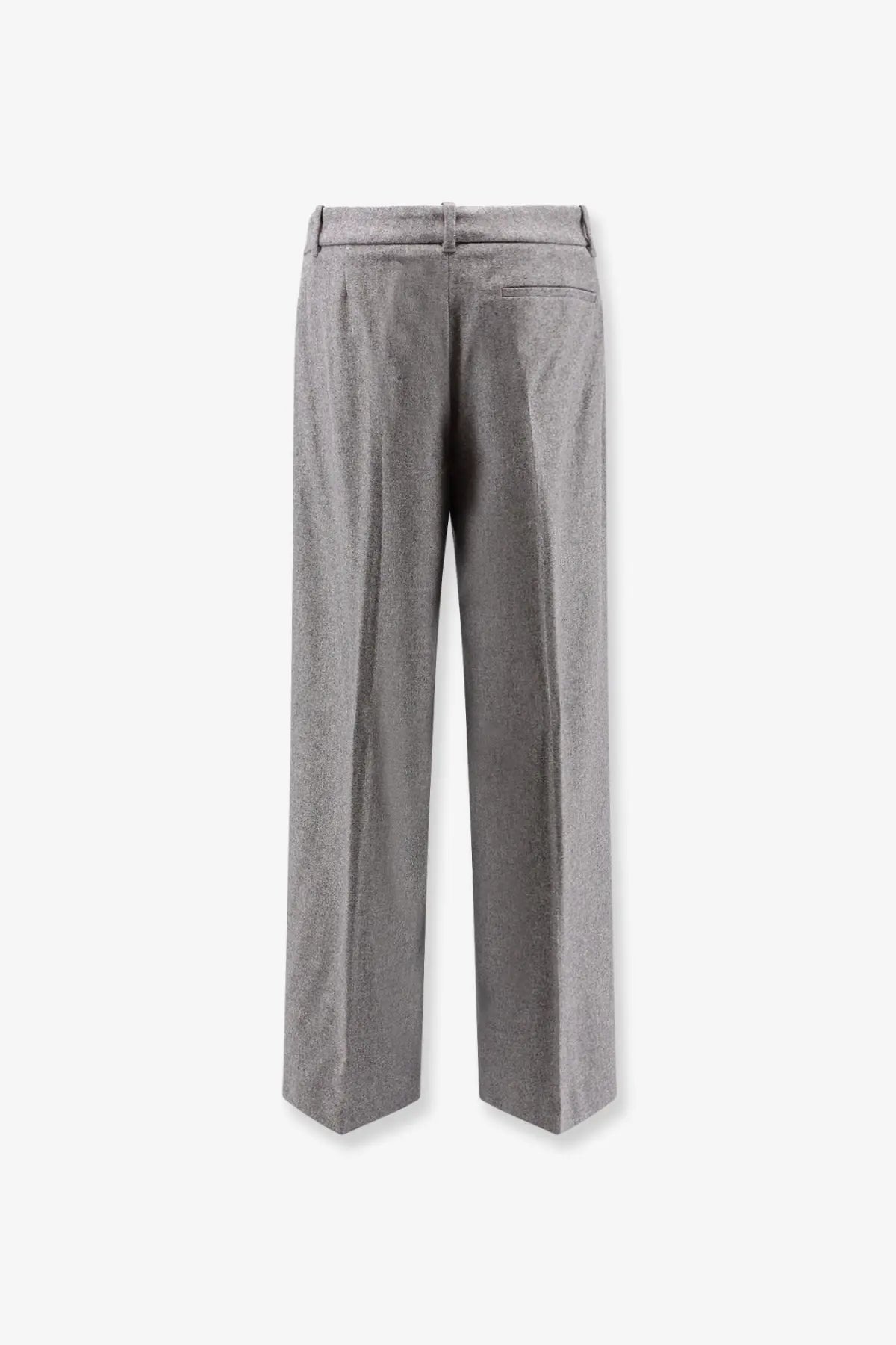 Boss women’s melange wool blend grey trousers with a straight-leg cut and rear pockets shown from the back side