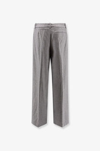 Boss women’s melange wool blend grey trousers with a straight-leg cut and rear pockets shown from the back side