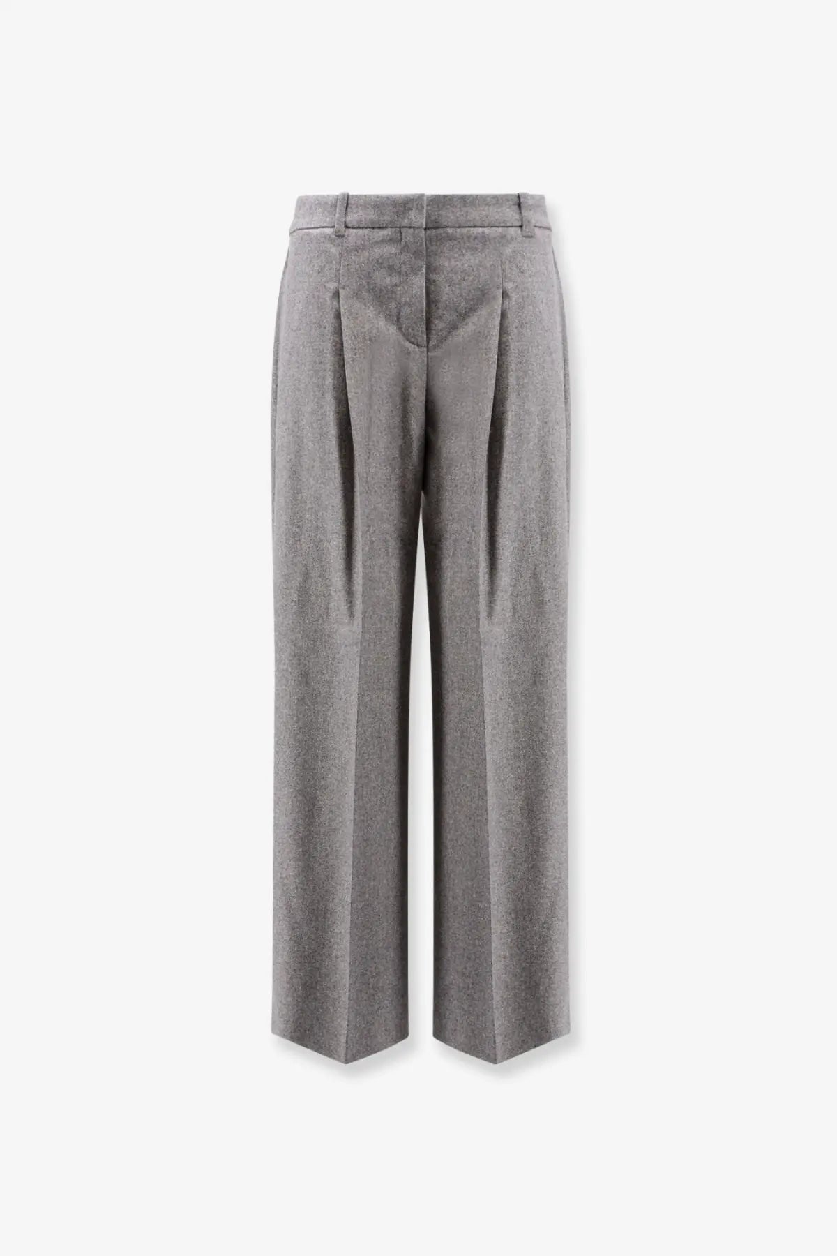 Boss women’s melange wool blend grey trousers with wide leg, subtle textured pattern, and pleated front detail