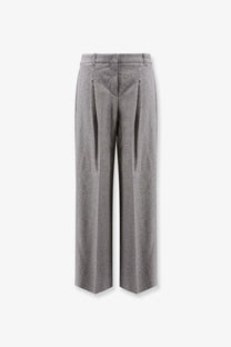 Boss women’s melange wool blend grey trousers with wide leg, subtle textured pattern, and pleated front detail