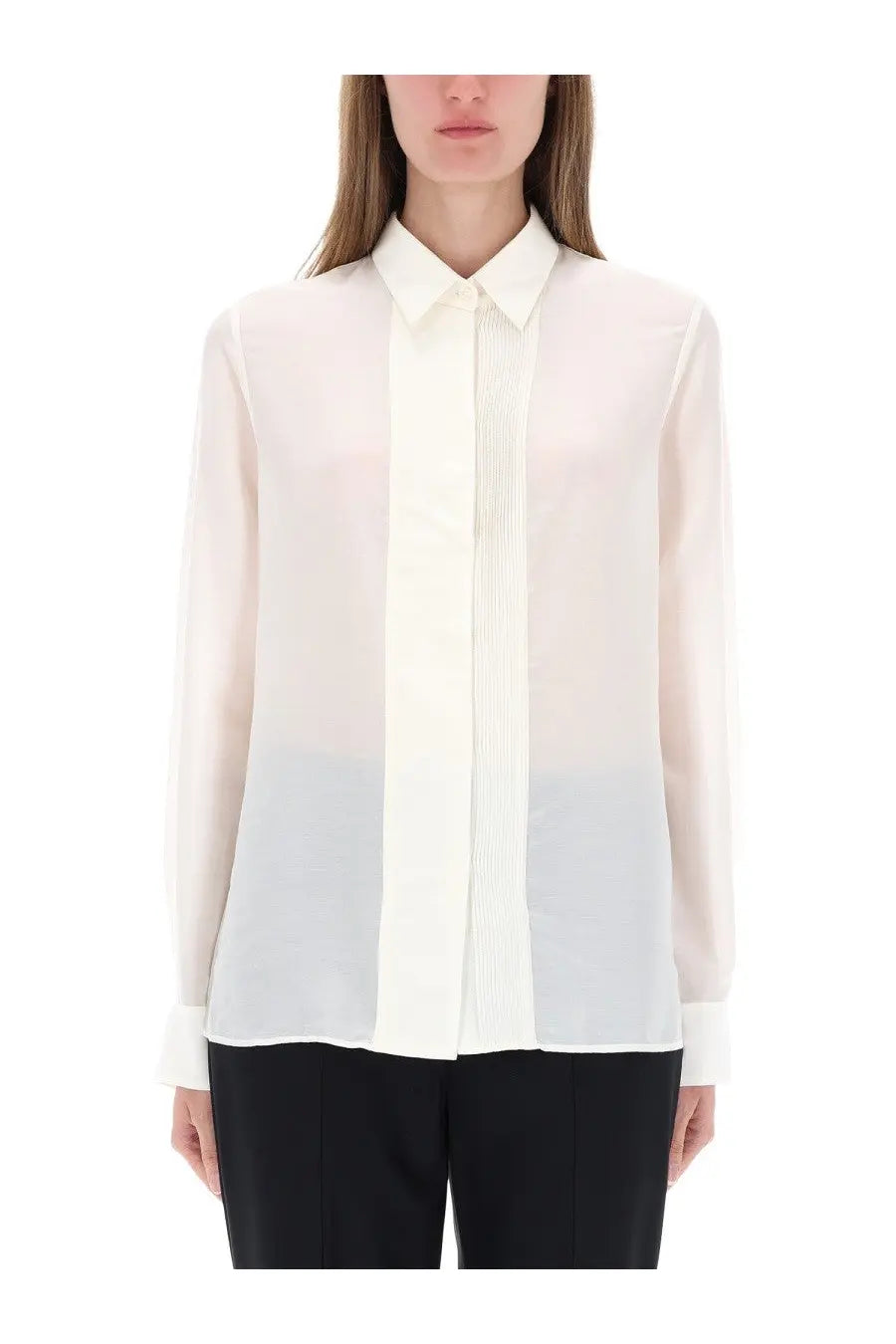 Boss women’s white sheer blouse with pleated front panel and long sleeves in lightweight fabric
