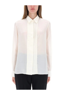 Boss women’s white sheer blouse with pleated front panel and long sleeves in lightweight fabric