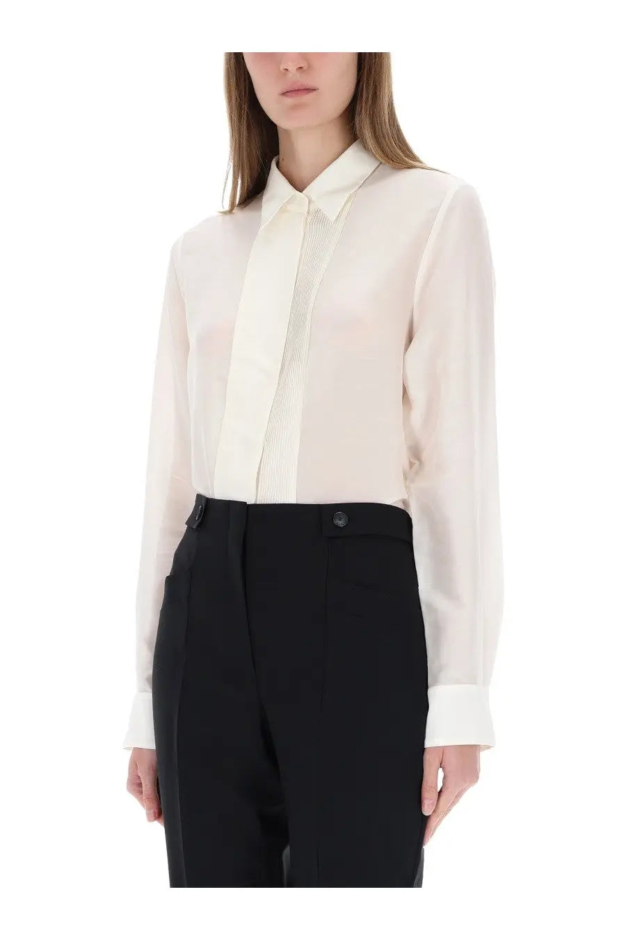 A sleek ivory silk blouse with a crisp collar and subtle front pleating from BOSS women’s shirt white collection