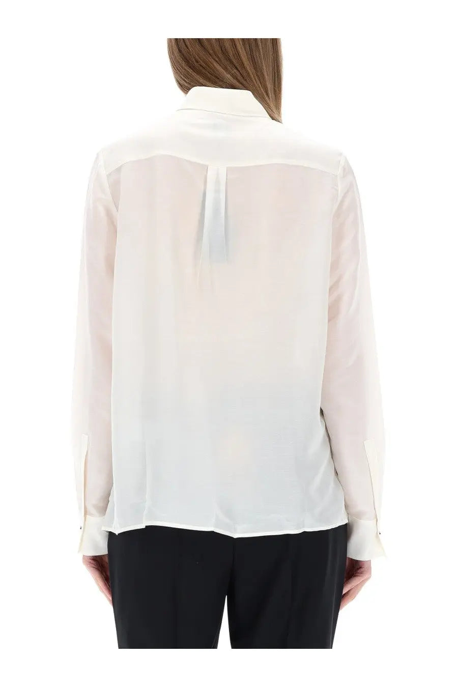 BOSS women’s white shirt made of translucent silk with a classic collar and long sleeves
