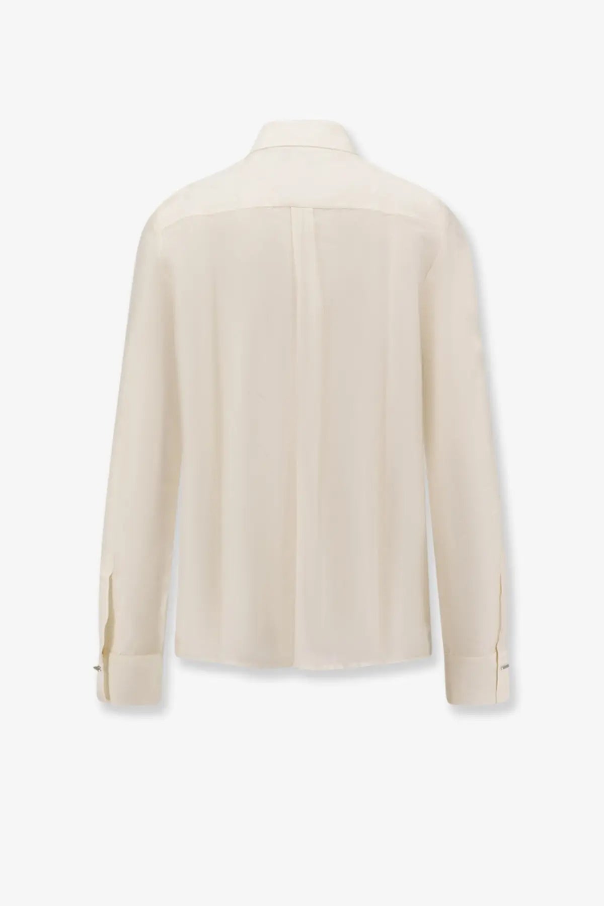 Cream-colored BOSS women’s silk and wool blouse with a classic collar and long sleeves in white shade