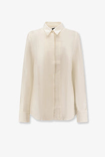 Cream-colored silk and wool blouse by BOSS with classic collar and vertical pleats down the front