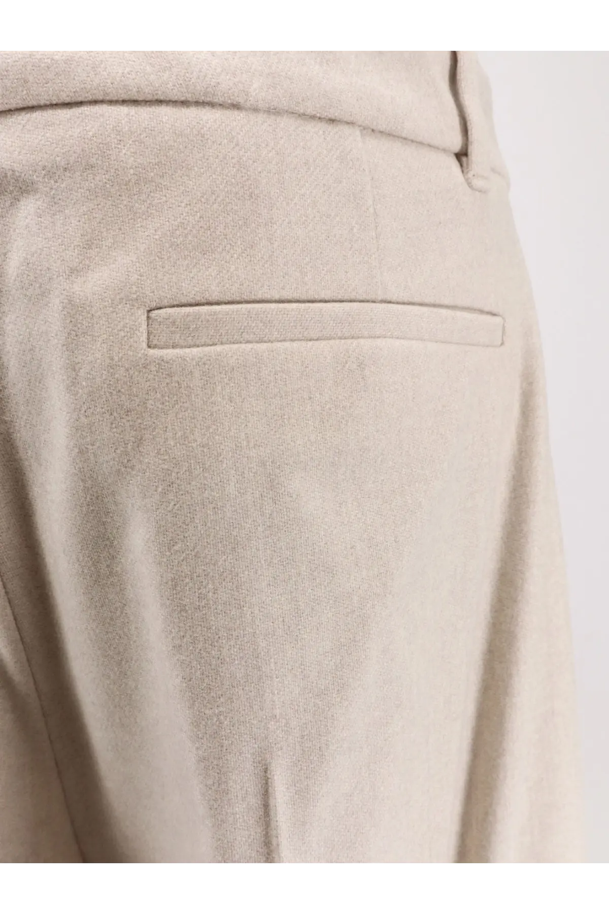 BOSS women’s Tiana recycled wool blend trousers in beige with subtle woven pattern and single welt pocket back view