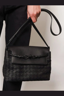 Bottega Veneta men’s andiamo black leather crossbody bag with woven texture and braided shoulder strap detail
