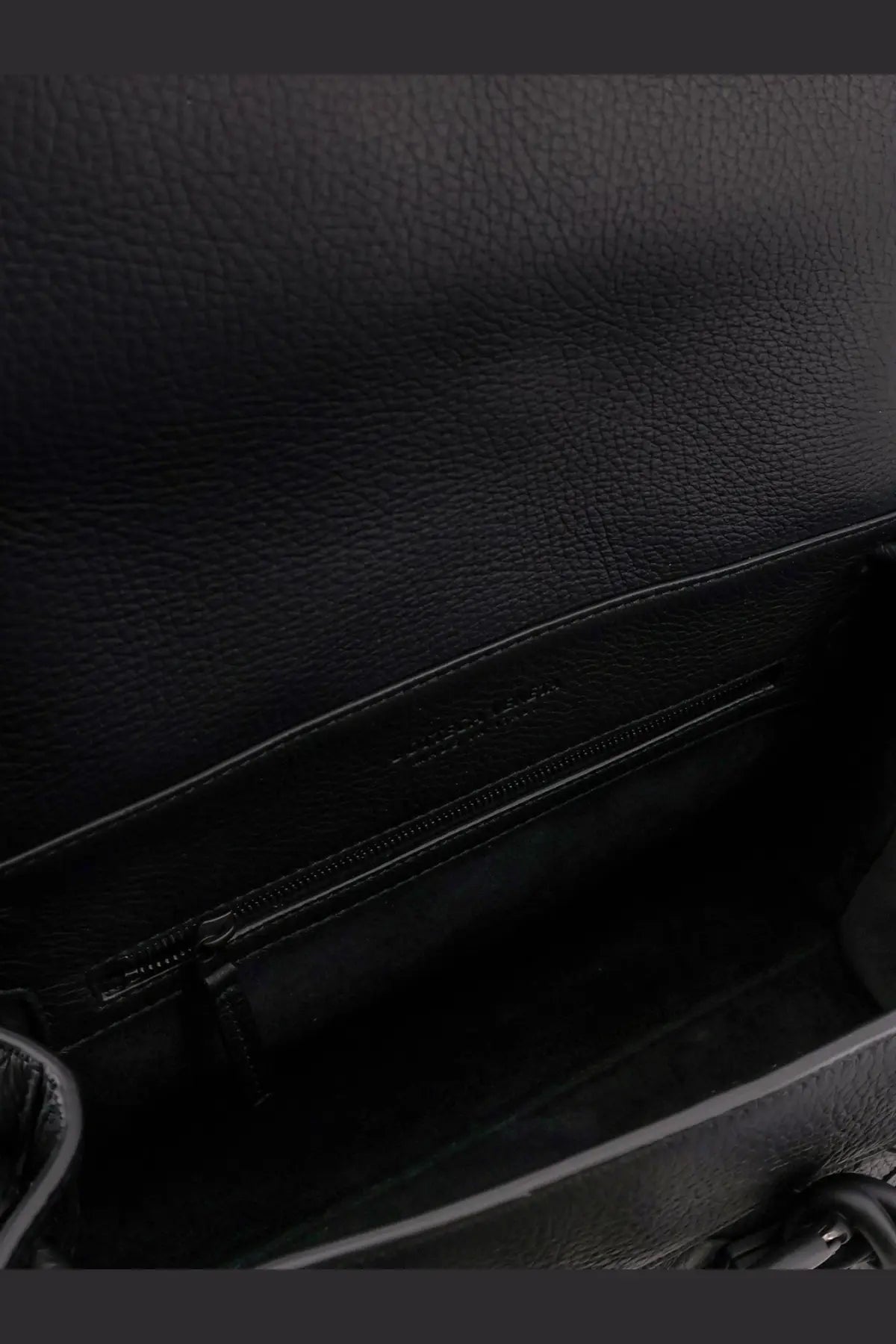 Black textured leather interior of bottega veneta men’s andiamo leather shoulder bag with zipper pocket and embossed logo