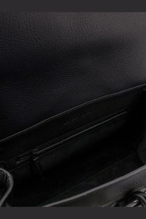 Black textured leather interior of bottega veneta men’s andiamo leather shoulder bag with zipper pocket and embossed logo
