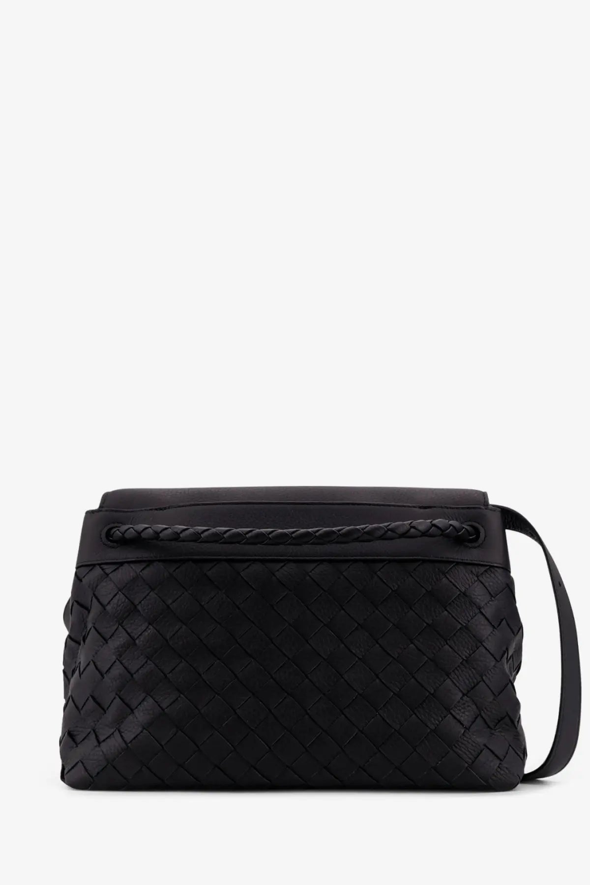 Bottega Veneta men’s Andiamo black woven leather crossbody bag with braided top handle and adjustable strap