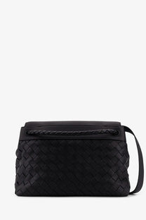 Bottega Veneta men’s Andiamo black woven leather crossbody bag with braided top handle and adjustable strap