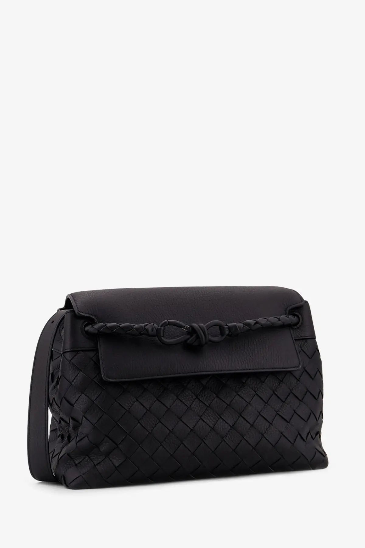 Bottega Veneta men’s andiamo black woven leather crossbody bag with braided strap and signature knot closure
