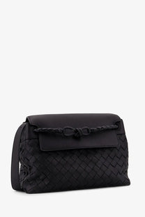 Bottega Veneta men’s andiamo black woven leather crossbody bag with braided strap and signature knot closure