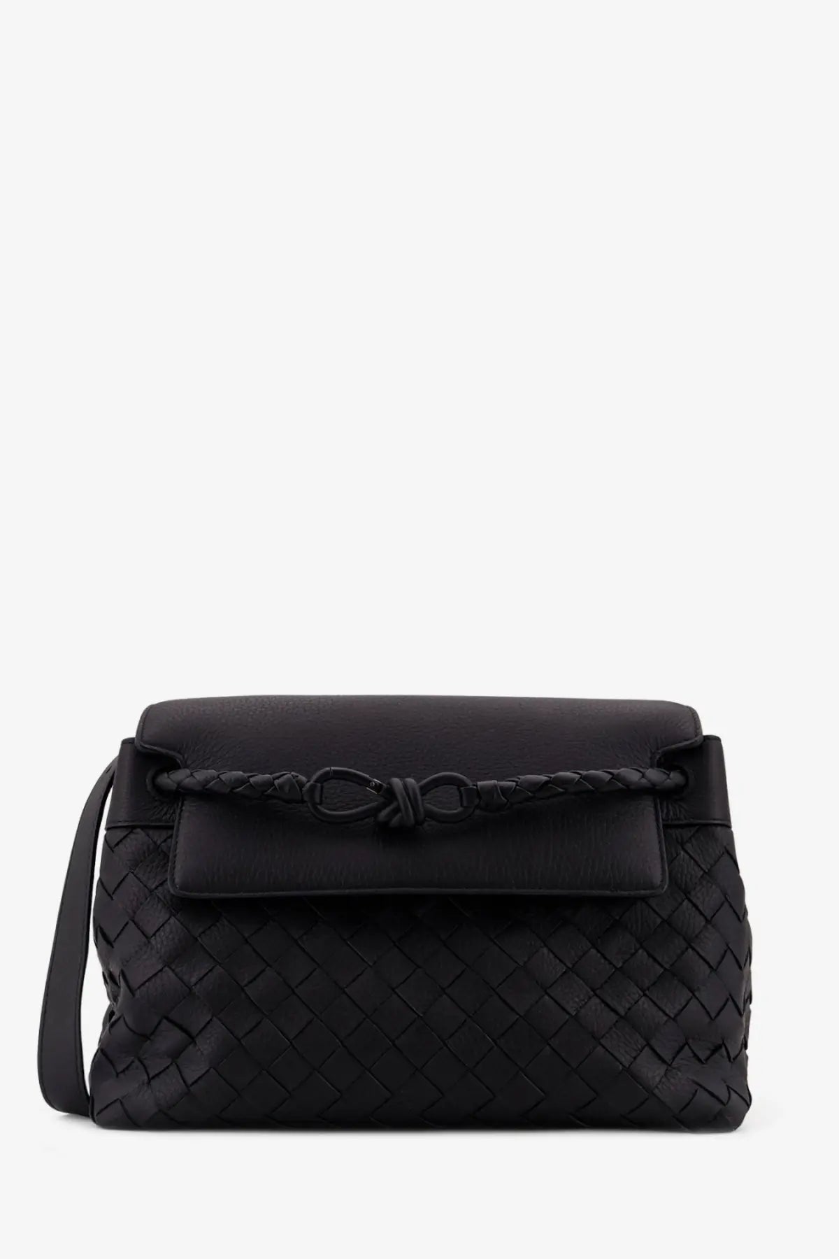 Bottega Veneta men’s andiamo black woven leather crossbody shoulder bag with braided strap and knot detail