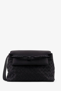 Bottega Veneta men’s andiamo black woven leather crossbody shoulder bag with braided strap and knot detail