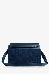 Navy blue woven leather crossbody bag with braided strap detail by Bottega Veneta for men, andiamo messenger style