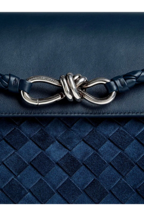 Deep blue woven leather clutch with silver toned infinity knot clasp from bottega veneta mens andiamo messenger bag