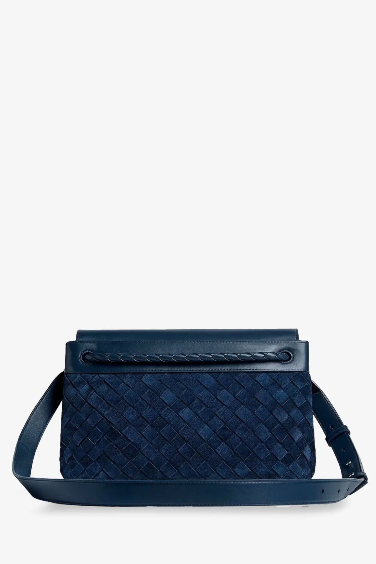Bottega Veneta men’s andiamo messenger bag in navy blue woven leather with braided strap detail crossbody bag Neptune-Vintage Silv