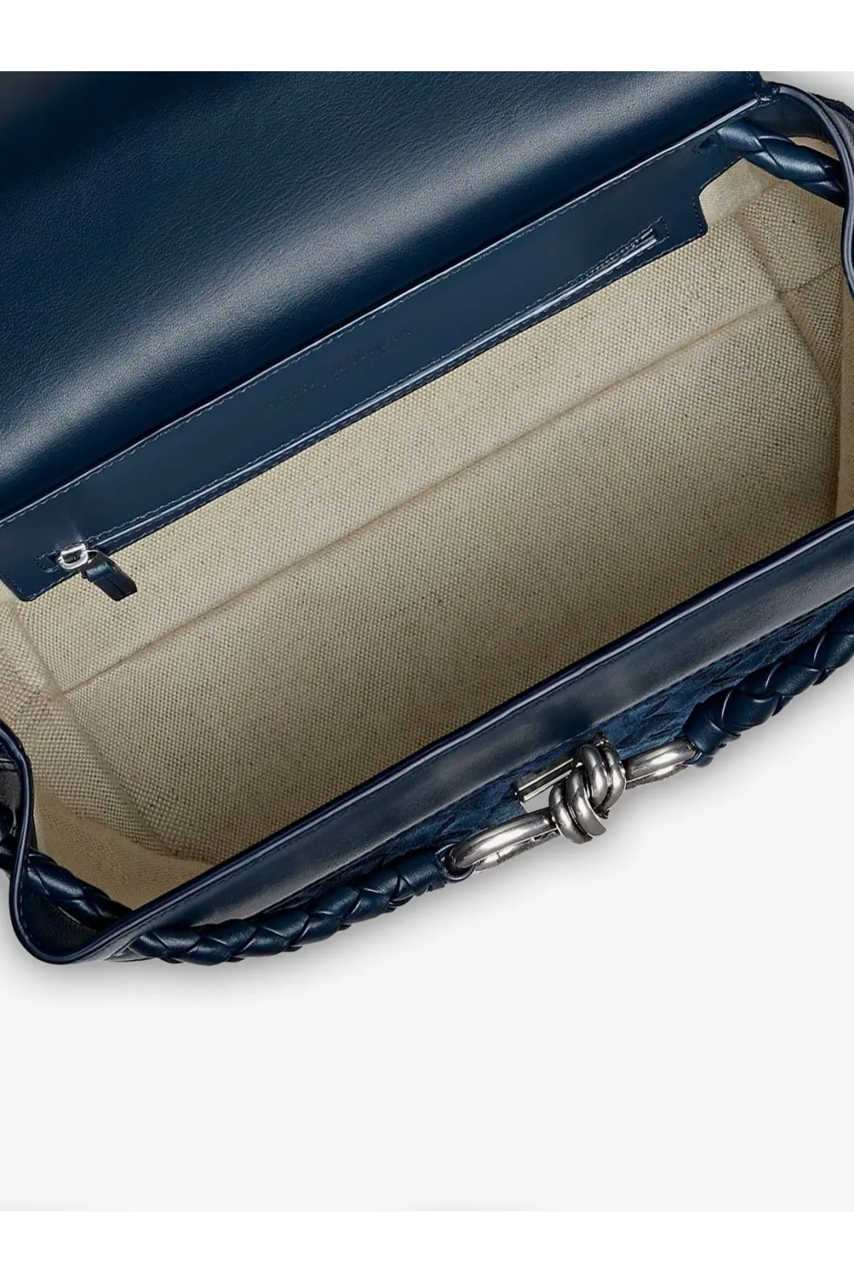 Navy blue leather mens andiamo messenger bag with braided strap and silver clasp by bottega veneta