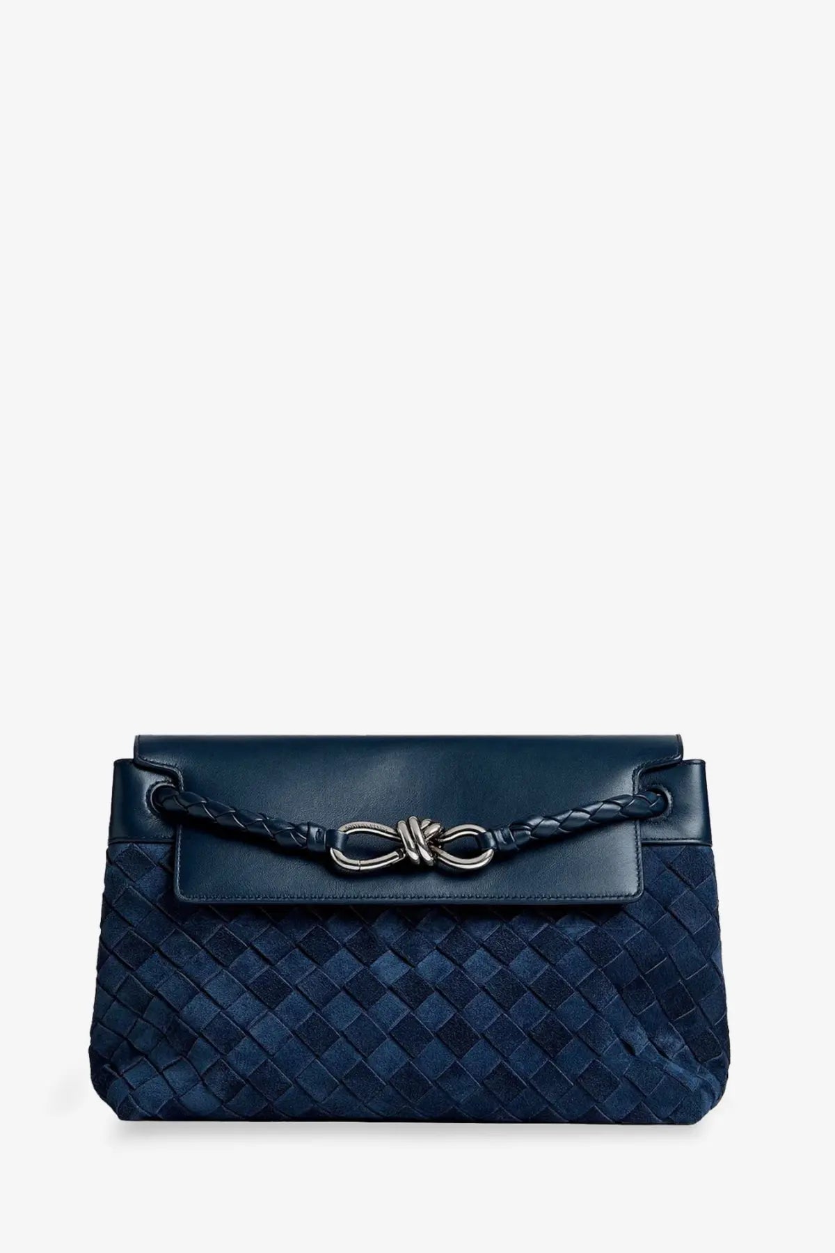 Deep navy blue bottega veneta men’s andiamo messenger suede crossbody bag with woven leather texture and silver knot clasp