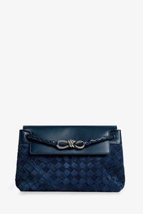 Bottega veneta men’s andiamo messenger suede crossbody bag in deep navy blue with woven leather texture and braided strap