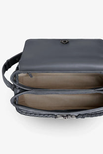 Bottega Veneta men’s andiamo dark gray leather crossbody bag with braided detailing and minimalist metal clasp
