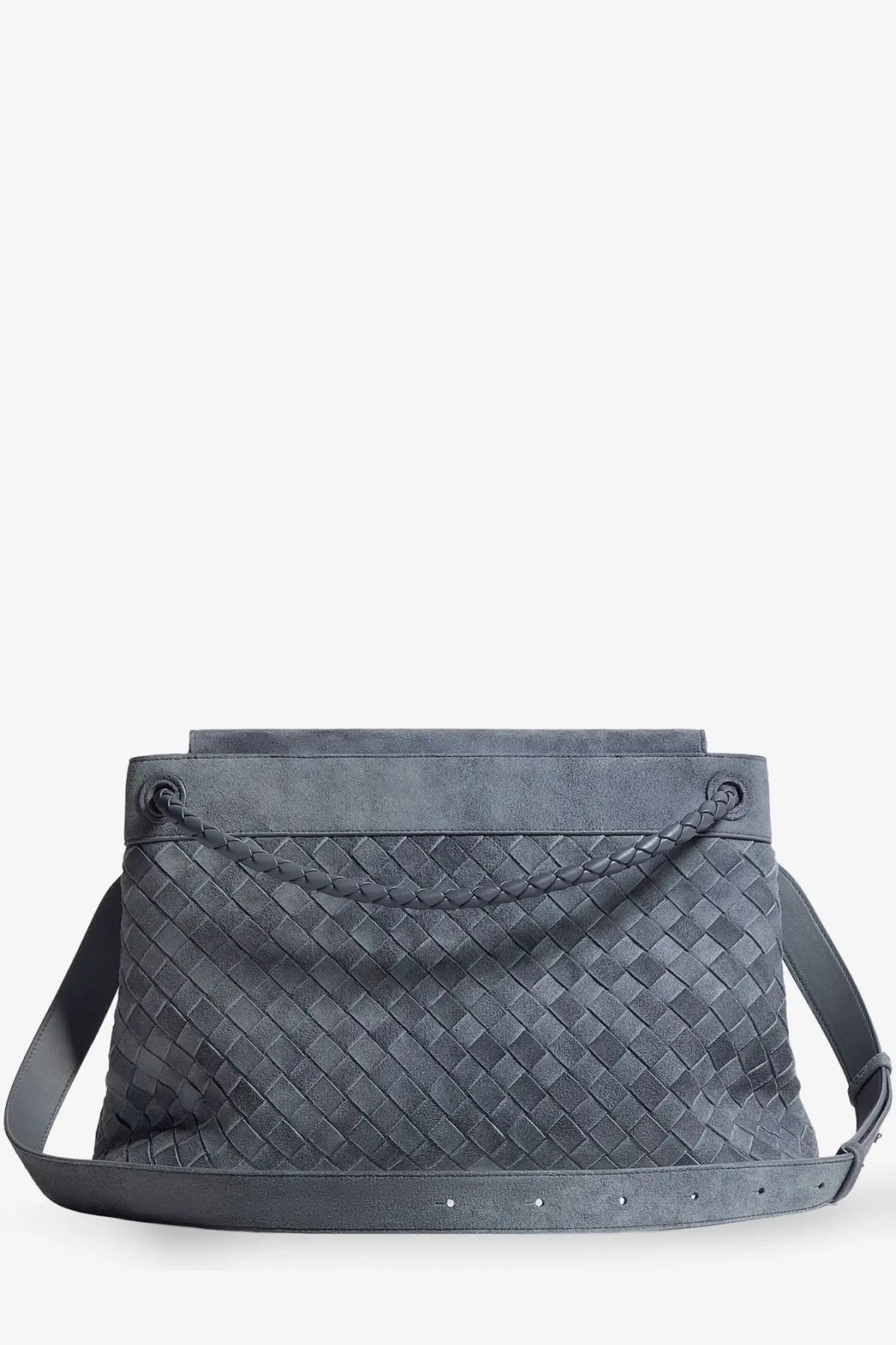 Dark gray woven leather crossbody bag with braided handle and adjustable strap from Bottega Veneta men’s Andiamo collection