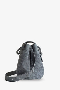 Dark gray woven leather bucket bag with braided handles and adjustable strap by bottega veneta for men
