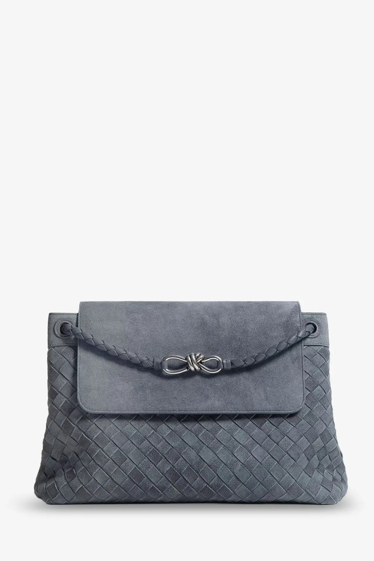 Gray woven leather clutch with suede flap and silver knot clasp from bottega veneta men’s andiamo messenger bag cloudy