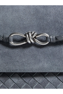 Bottega Veneta men’s andiamo messenger suede shoulder bag in gray with braided leather strap and silver infinity knot clasp