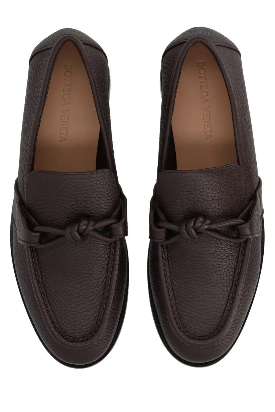 Dark brown leather loafers with knotted strap detail and bottega veneta embossed insole for men