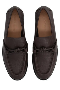 Dark brown leather loafers with knotted strap detail and bottega veneta embossed insole for men