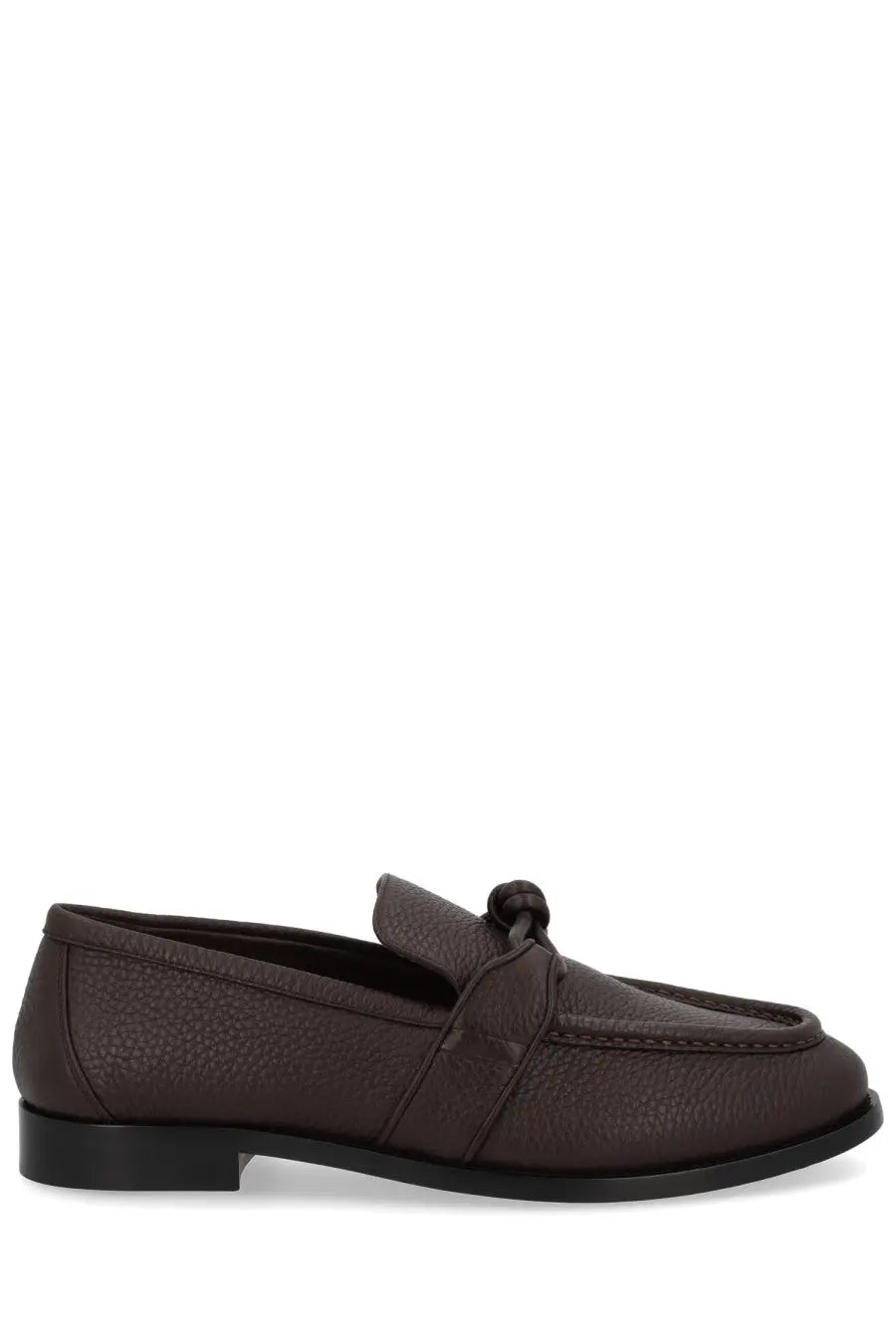 Bottega Veneta men’s Astaire loafer in dark brown textured leather with knotted detail at the front