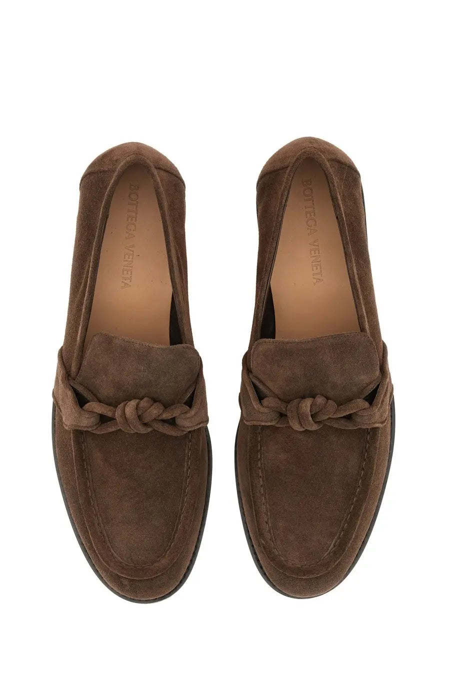Bottega Veneta men’s astaire loafer in brown suede with knotted detail at the front