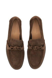 Bottega Veneta men’s astaire loafer in brown suede with knotted detail at the front