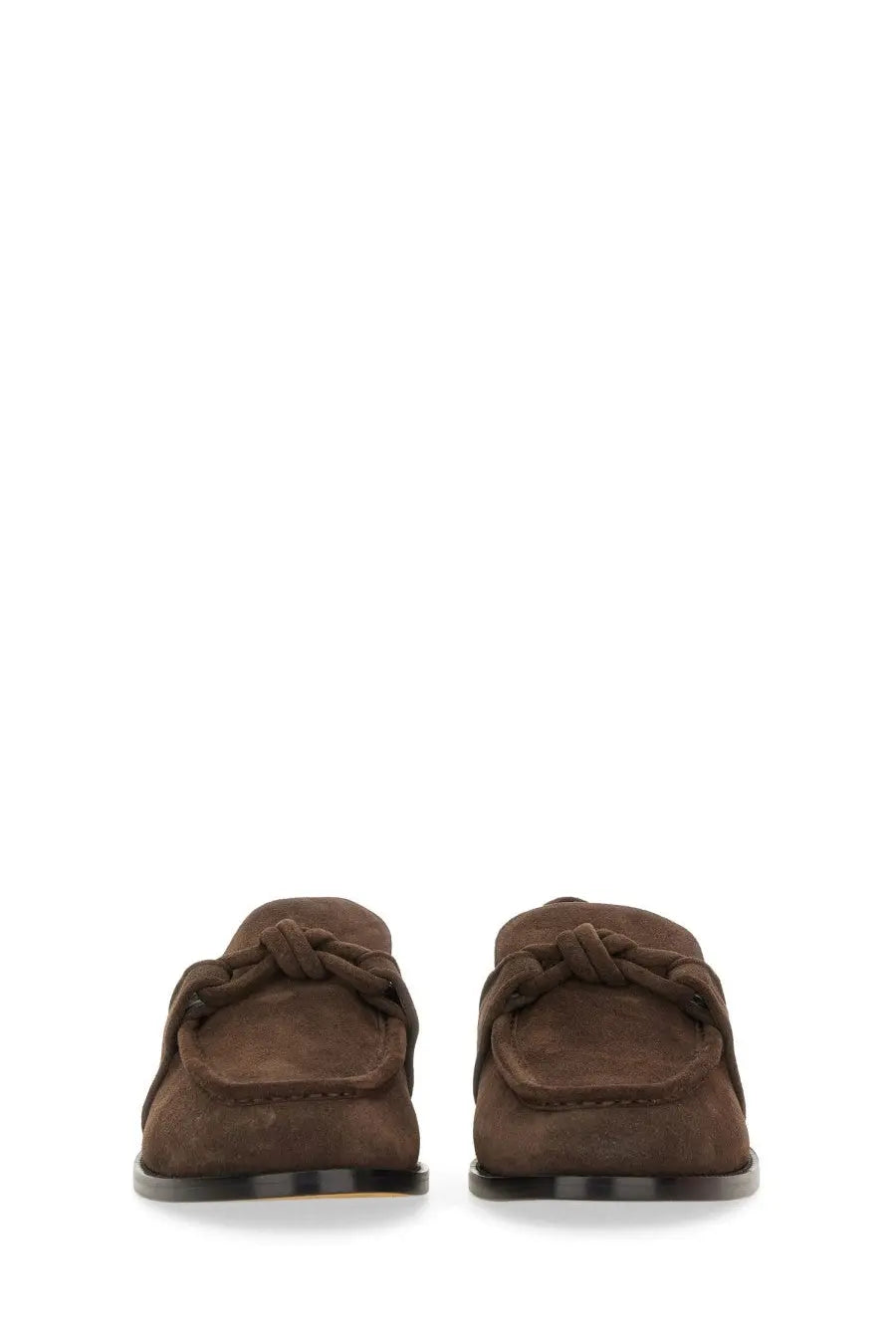 Bottega Veneta men’s astaire loafer brown suede with knotted strap detail and black rubber soles