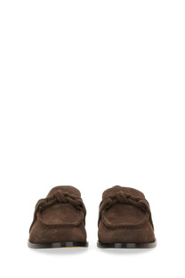 Bottega Veneta men’s astaire loafer brown suede with knotted strap detail and black rubber soles