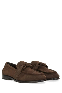 Bottega Veneta men’s astaire loafer in brown suede with knotted strap detail ideal for stylish casual wear