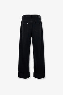 Bottega veneta men’s black denim wide-leg trousers with rolled cuffs and textured belt loop detail