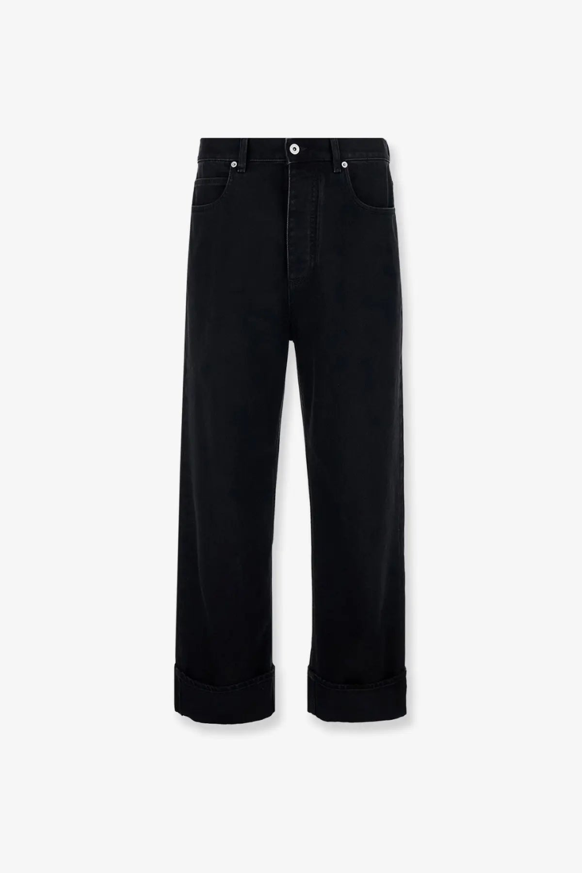 Bottega Veneta men’s black denim wide-leg trousers with high waist and rolled cuffs