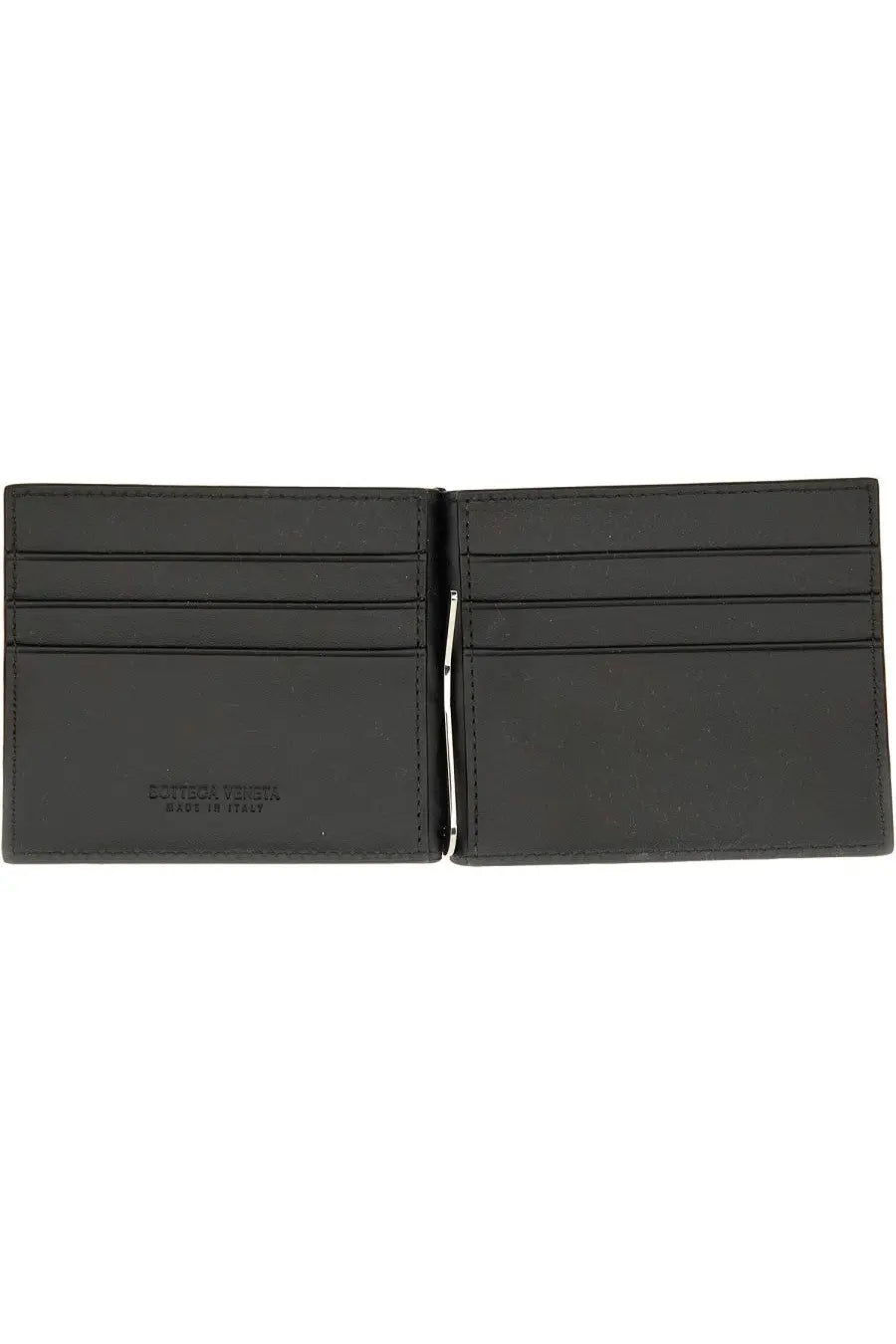 Black leather money clip wallet by bottega veneta with multiple card slots and sleek minimalist design for men