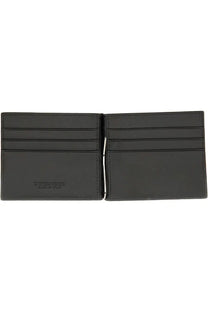 Black leather money clip wallet by bottega veneta with multiple card slots and sleek minimalist design for men
