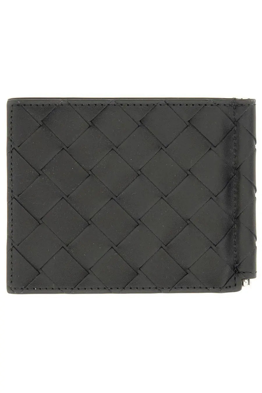 Bottega Veneta men’s braided wallet in black woven leather with diamond-pattern texture and precise edge stitching