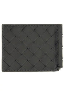 Bottega Veneta men’s braided wallet in black woven leather with diamond-pattern texture and precise edge stitching